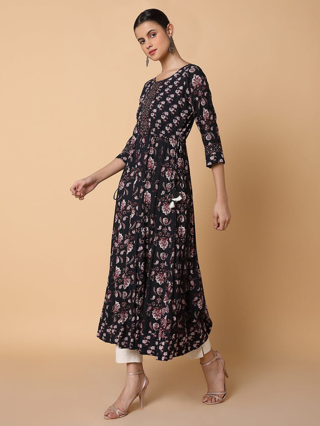 Women's Floral Sequins Black Anarkali Kurta