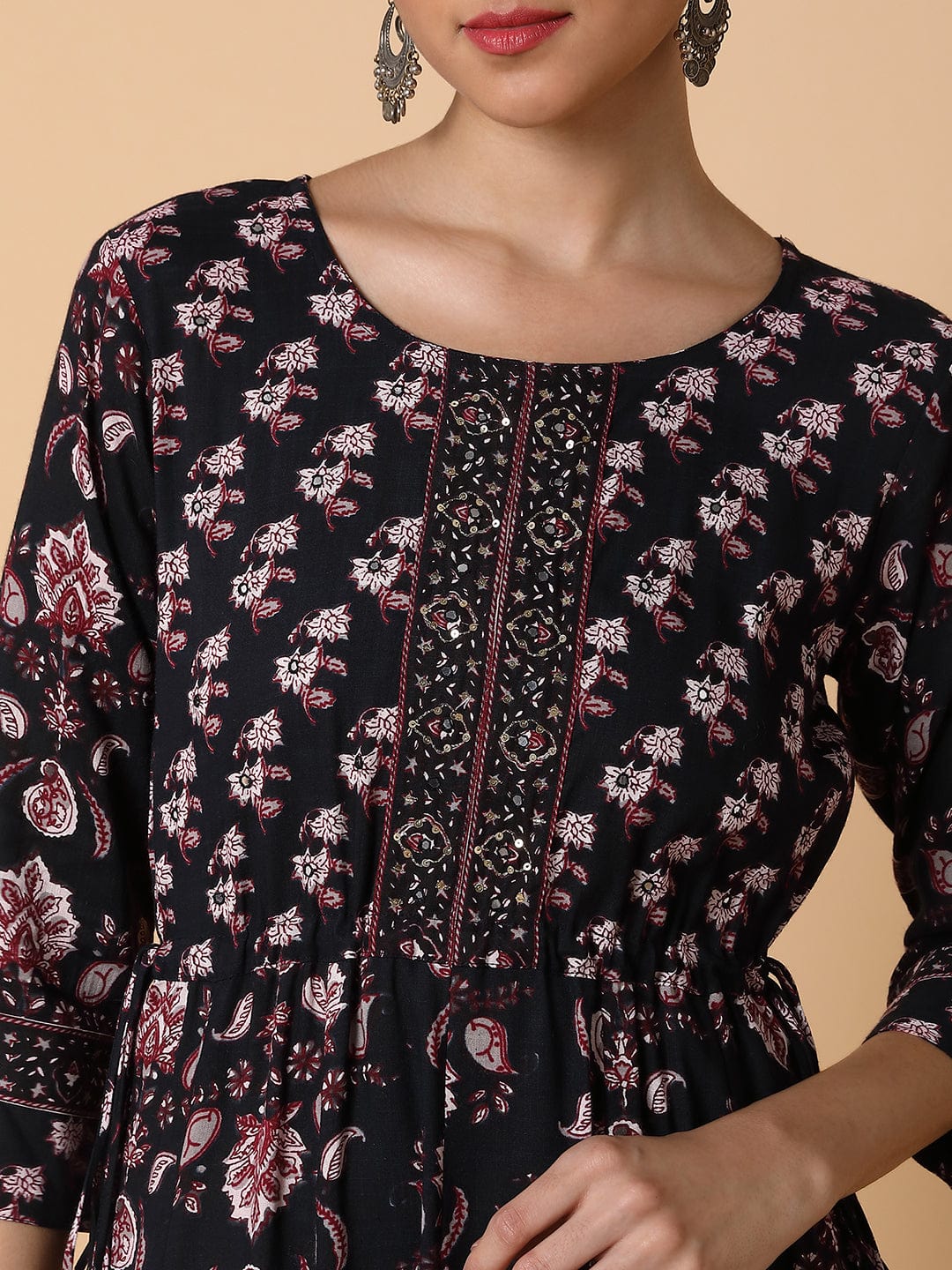 Women's Floral Sequins Black Anarkali Kurta