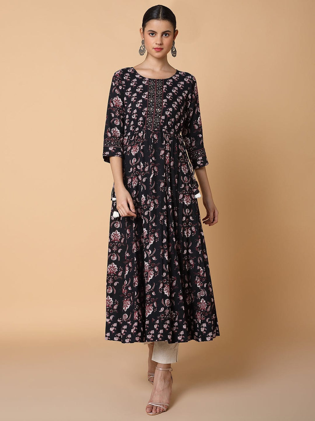 Women's Floral Sequins Black Anarkali Kurta