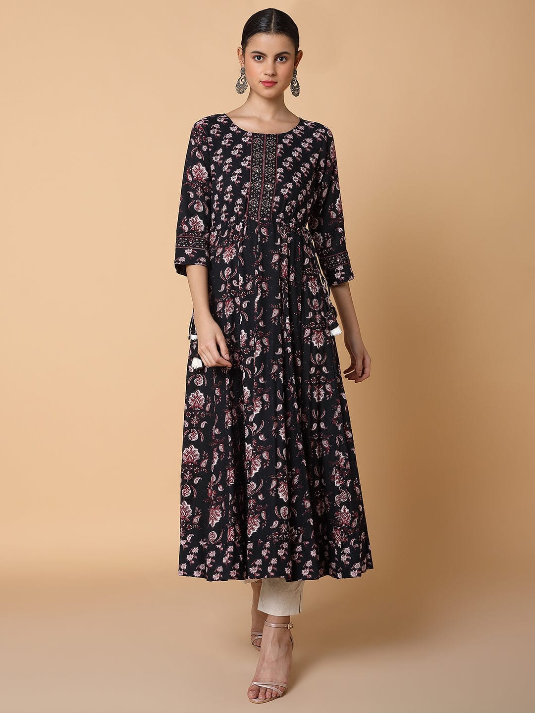 Women's Floral Sequins Black Anarkali Kurta