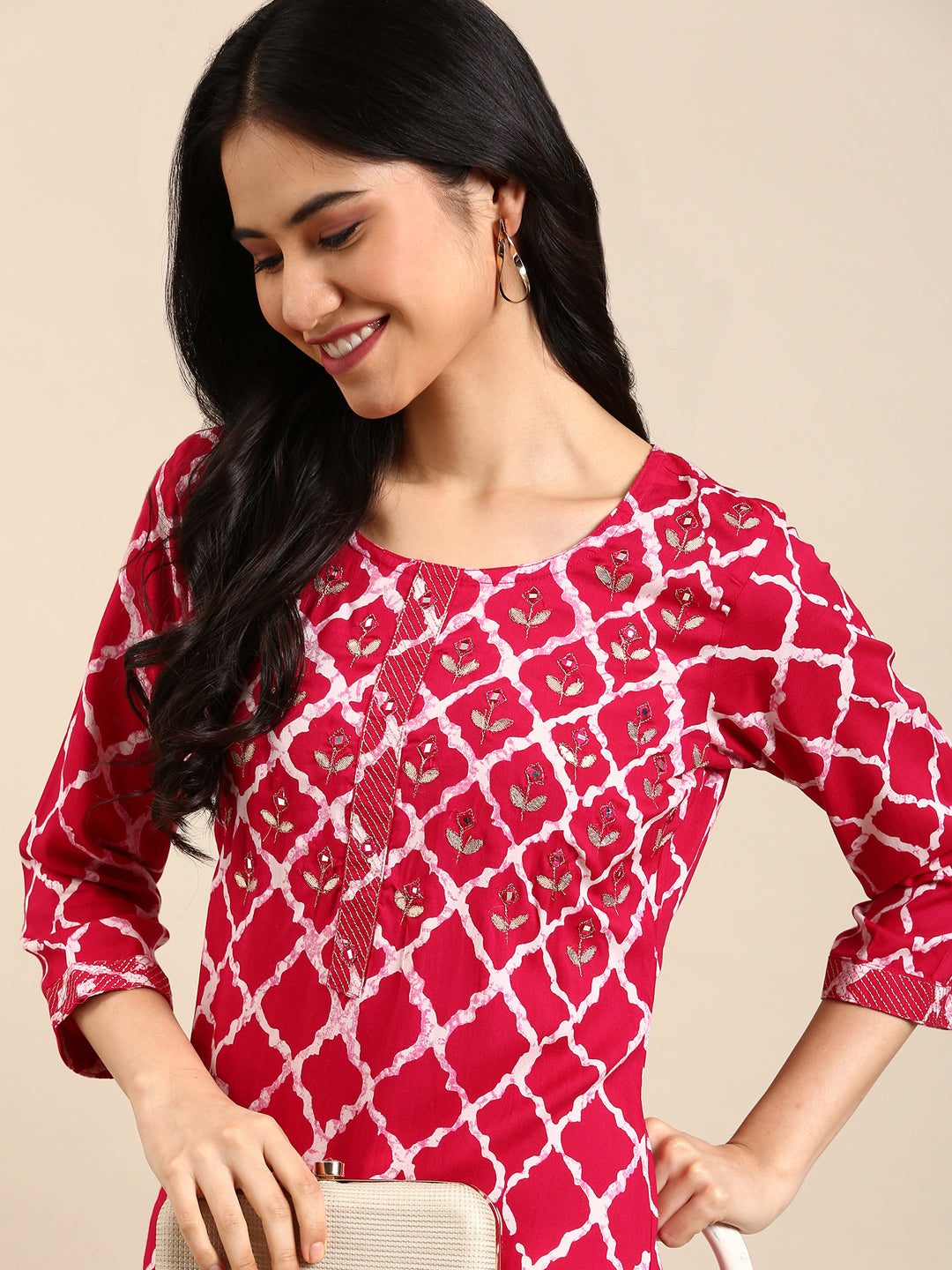 Women's Magenta Geometric Printed Straight Cut Kurta