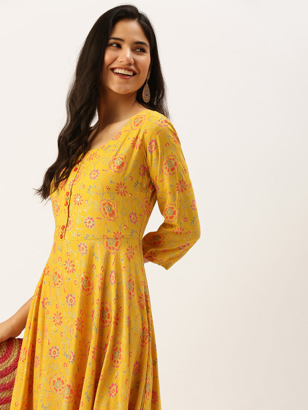 Women's Yellow Floral Thread Work Anarkali Kurta