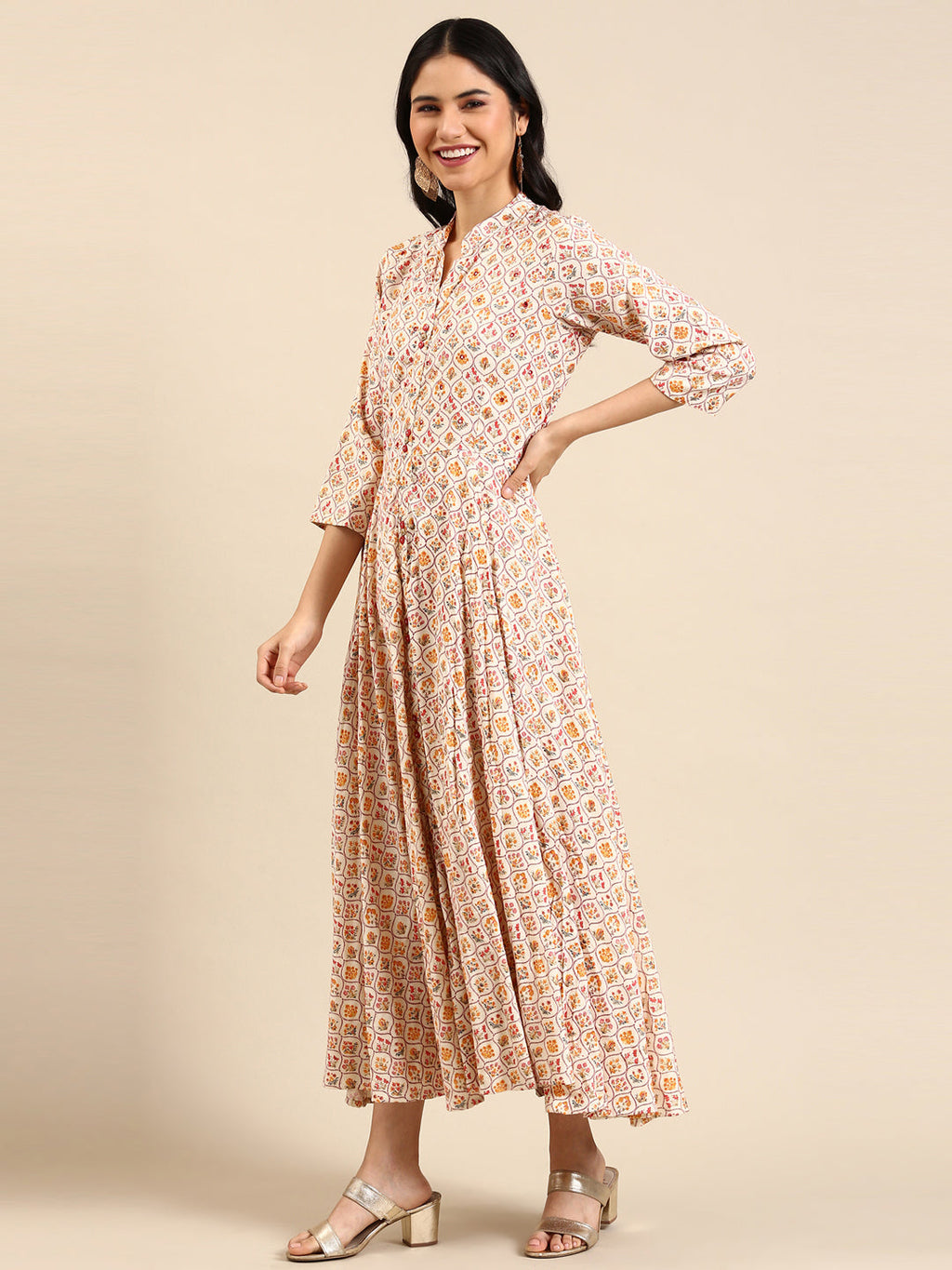 Women's Cream Floral Printed Mirror Work Cotton Anarkali Kurta