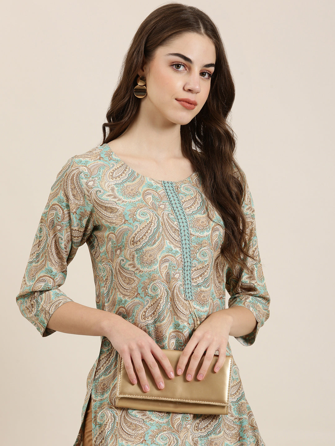 Women's Sea Green Ethnic Motifs Printed Straight Kurta