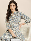 Women's Cream Ethnic Motifs Printed Mandarin Collar Anarkali Kurta