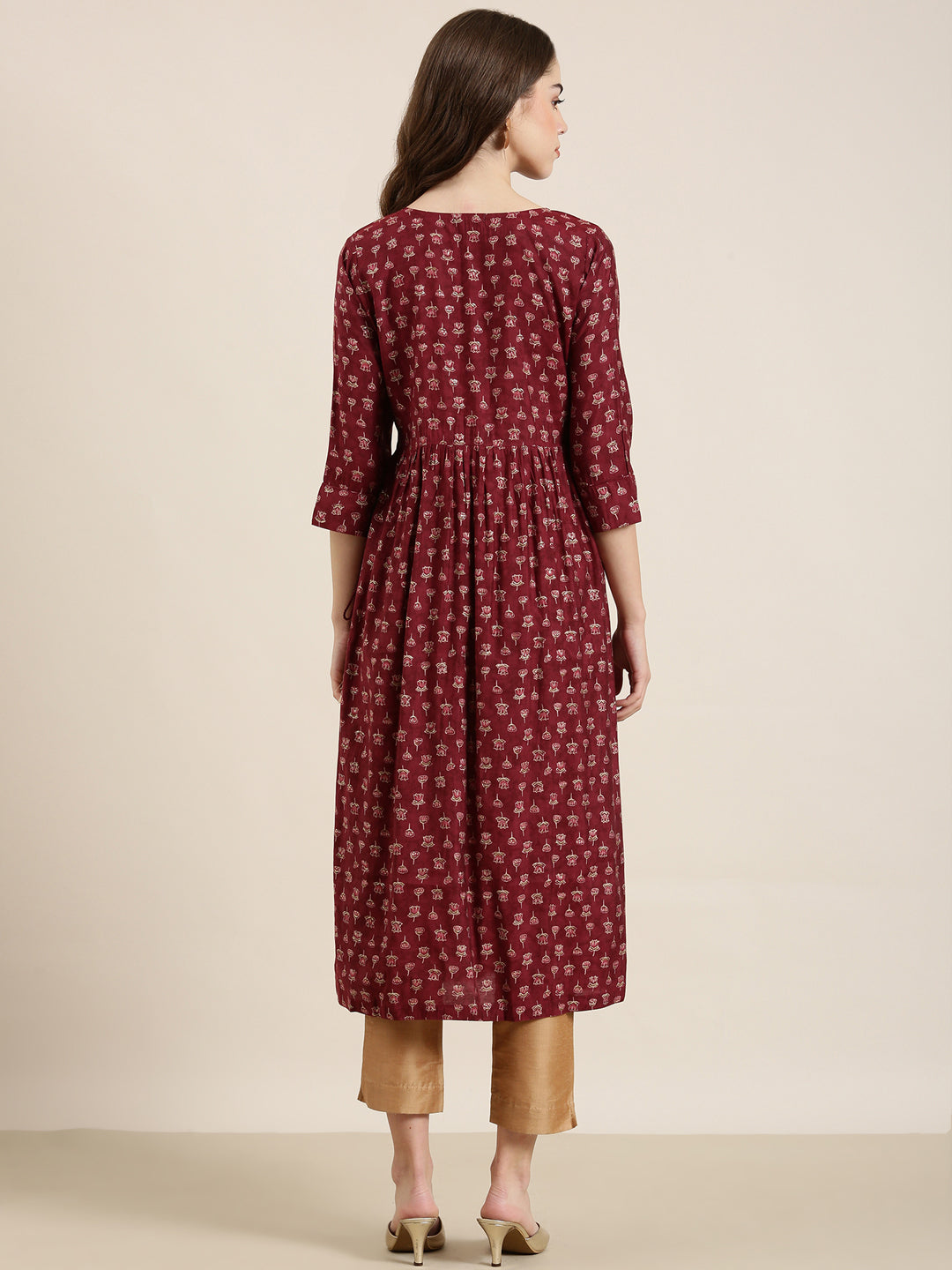 Women's Maroon Floral Printed Thread Work A-Line Kurta