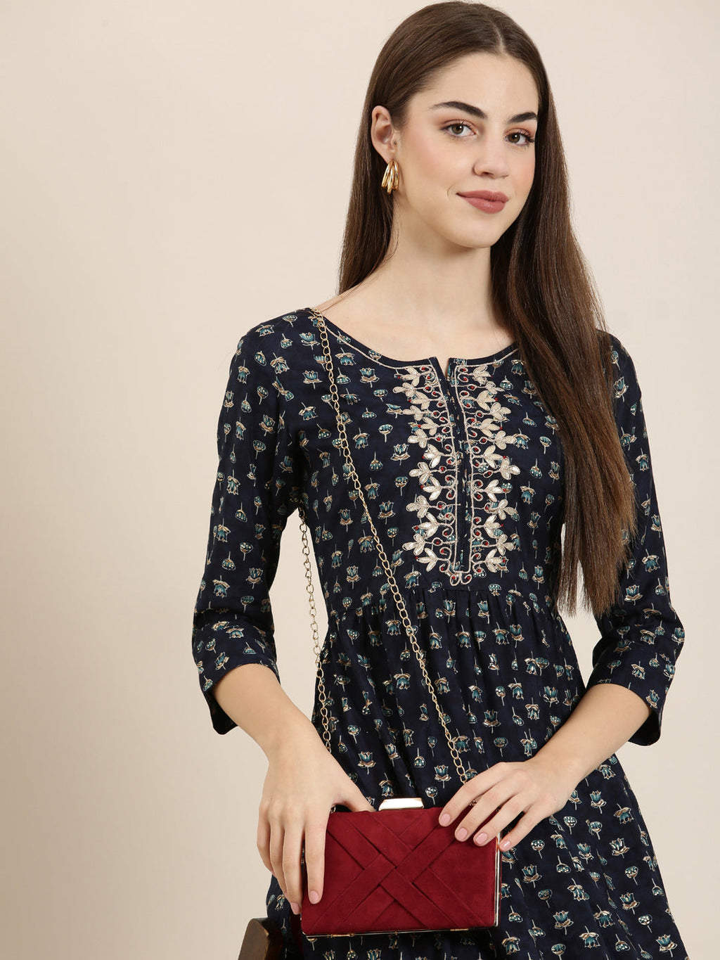 Women's Navy Blue Floral Printed Beads and Stones Straight Kurta