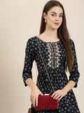 Women's Navy Blue Floral Printed Beads and Stones Straight Kurta