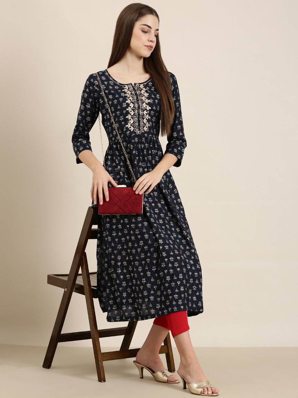 Women's Navy Blue Floral Printed Beads and Stones Straight Kurta