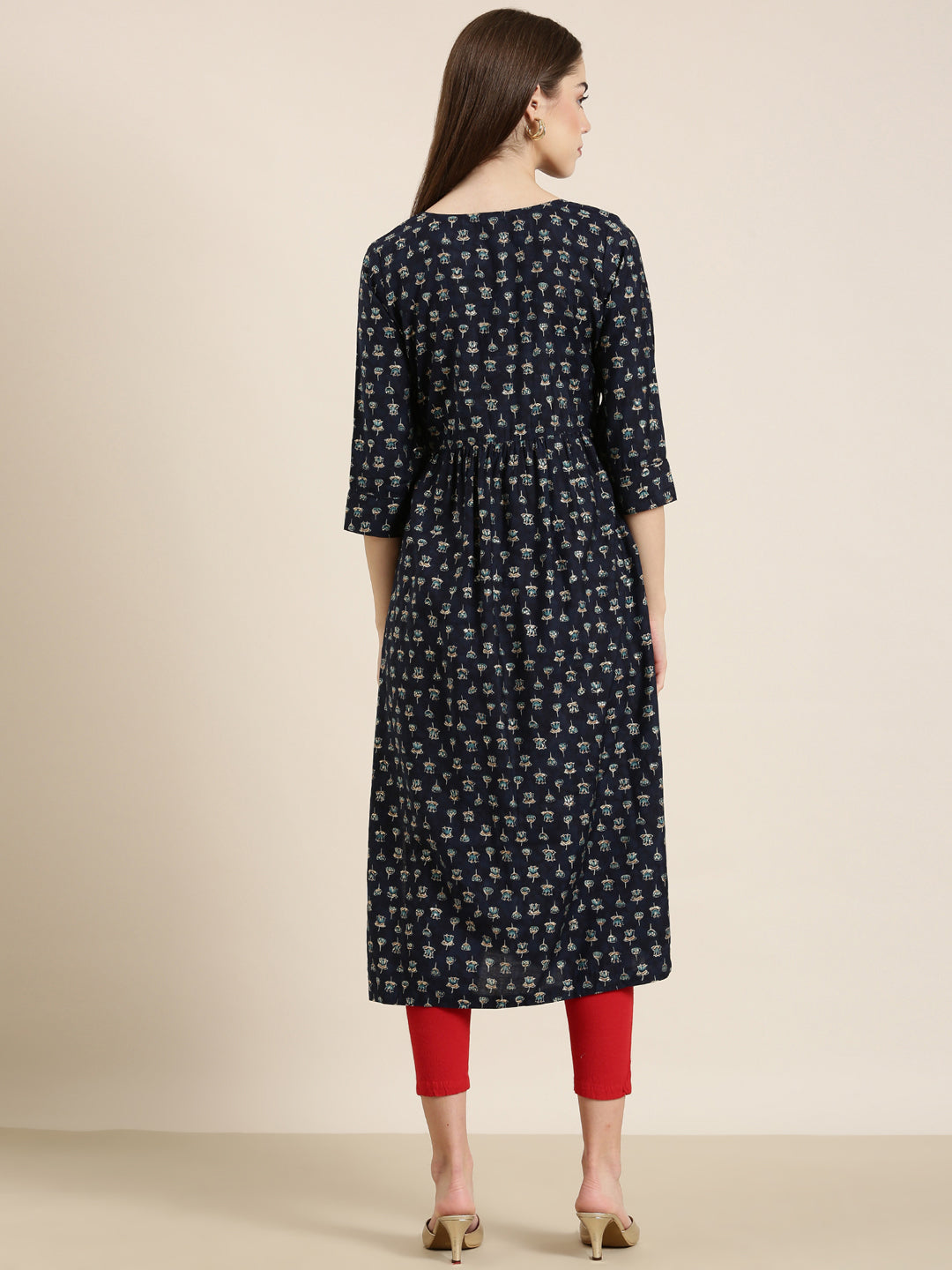 Women's Navy Blue Floral Printed Beads and Stones Straight Kurta