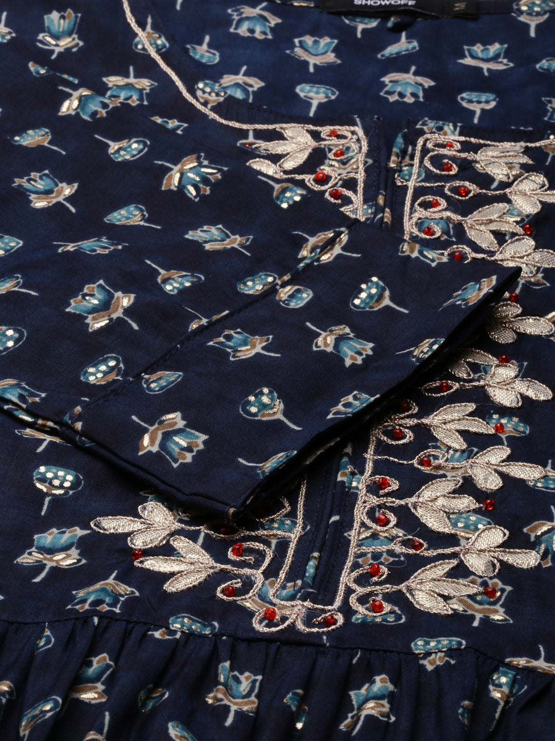 Women's Navy Blue Floral Printed Beads and Stones Straight Kurta