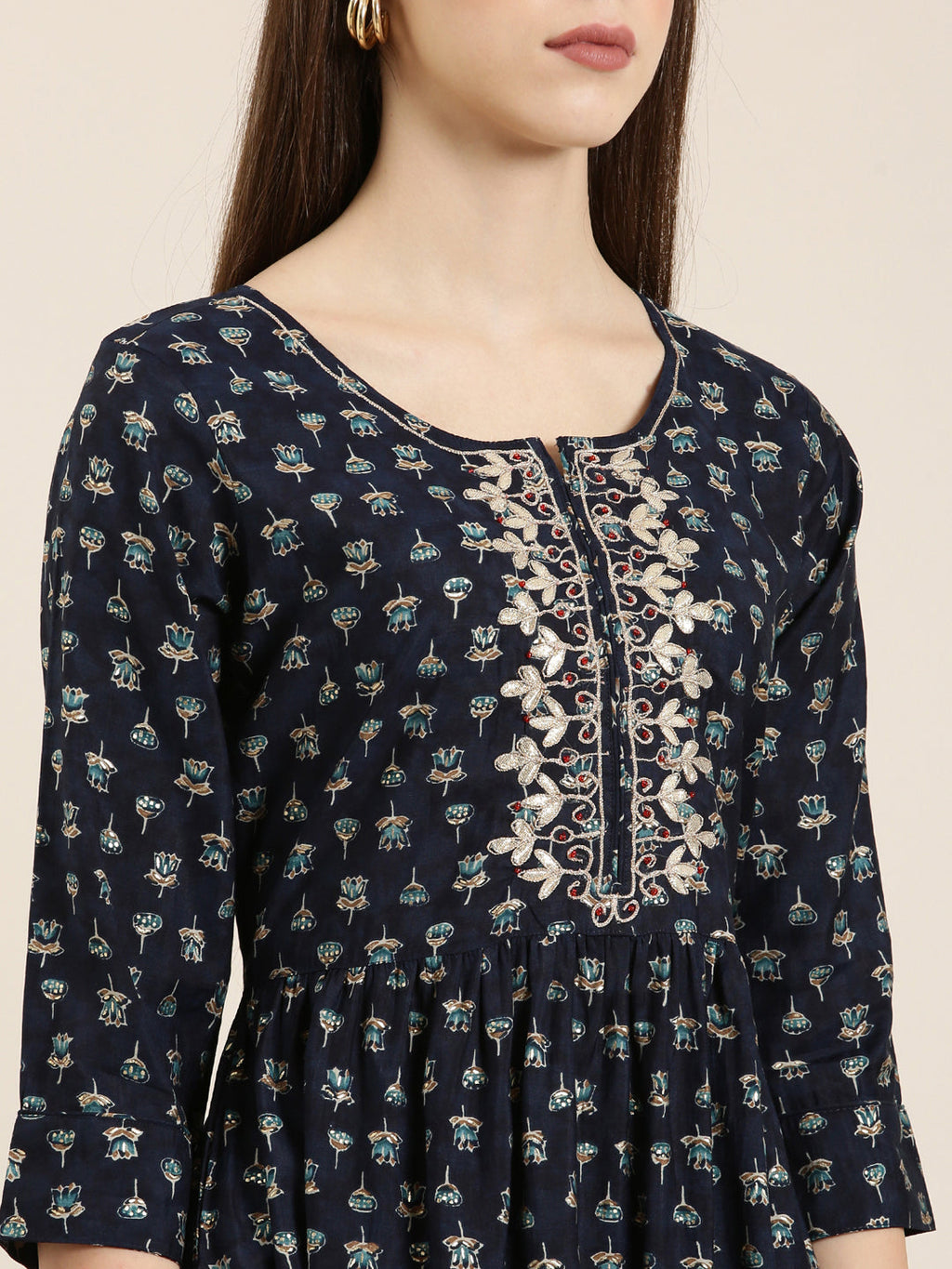 Women's Navy Blue Floral Printed Beads and Stones Straight Kurta