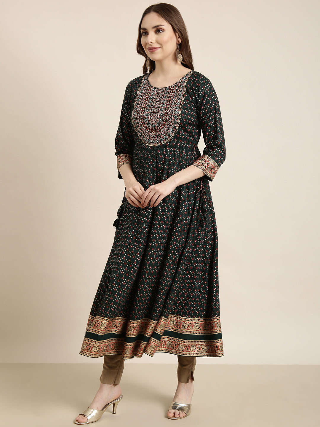 Women's Anarkali Green Ethnic Motifs Kurta