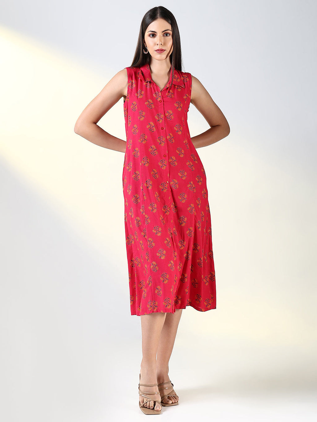 Women's Pink Floral Printed A-Line Midi Dress