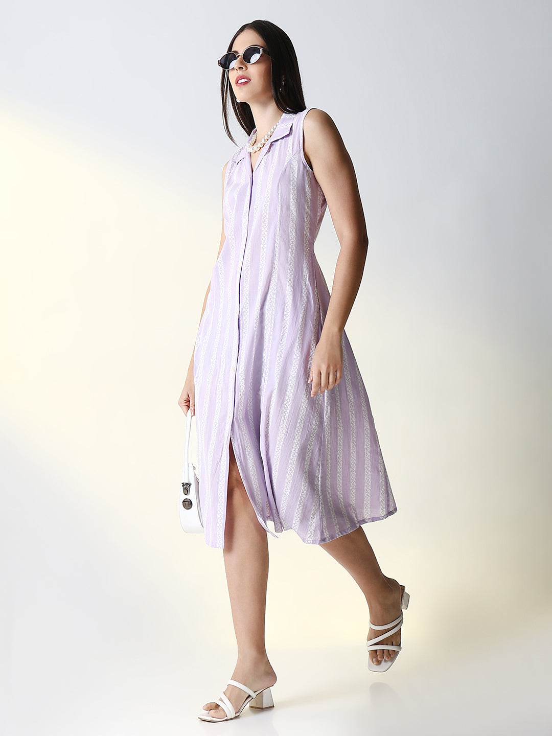 Women's Purple Striped A-Line Midi Dress