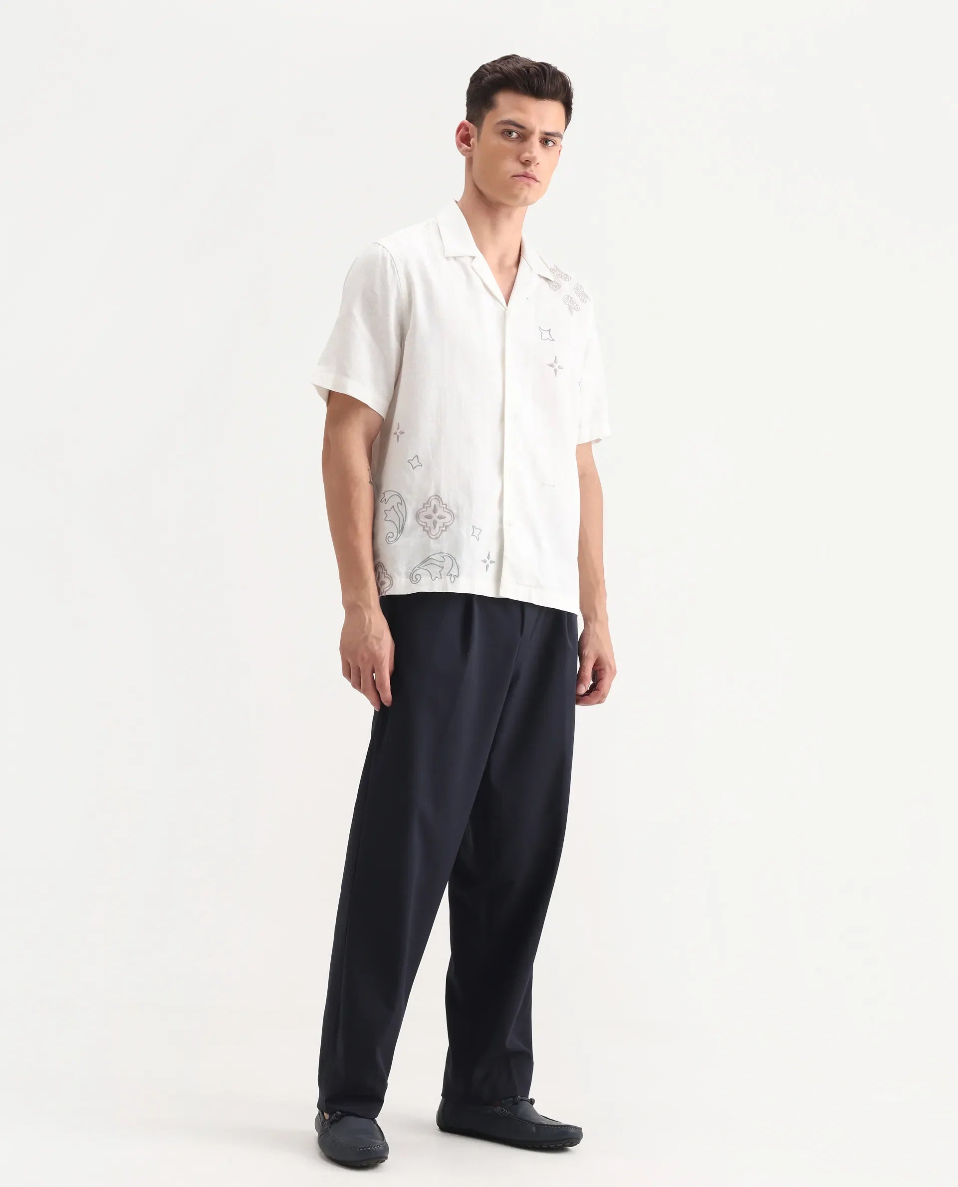 Rare Rabbit Men's Axie Navy Cotton Blend Plain Wide Leg Trouser