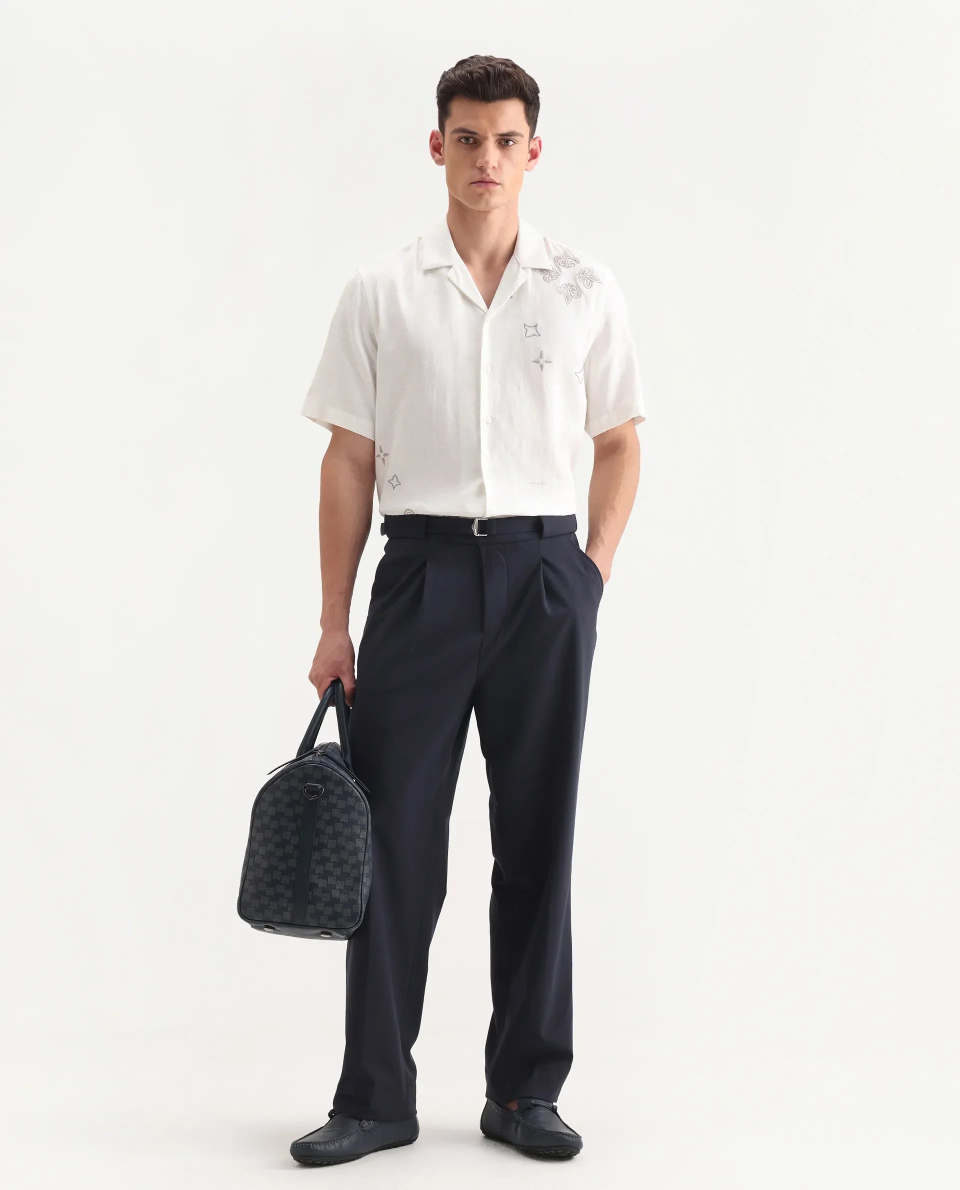 Rare Rabbit Men's Axie Navy Cotton Blend Plain Wide Leg Trouser
