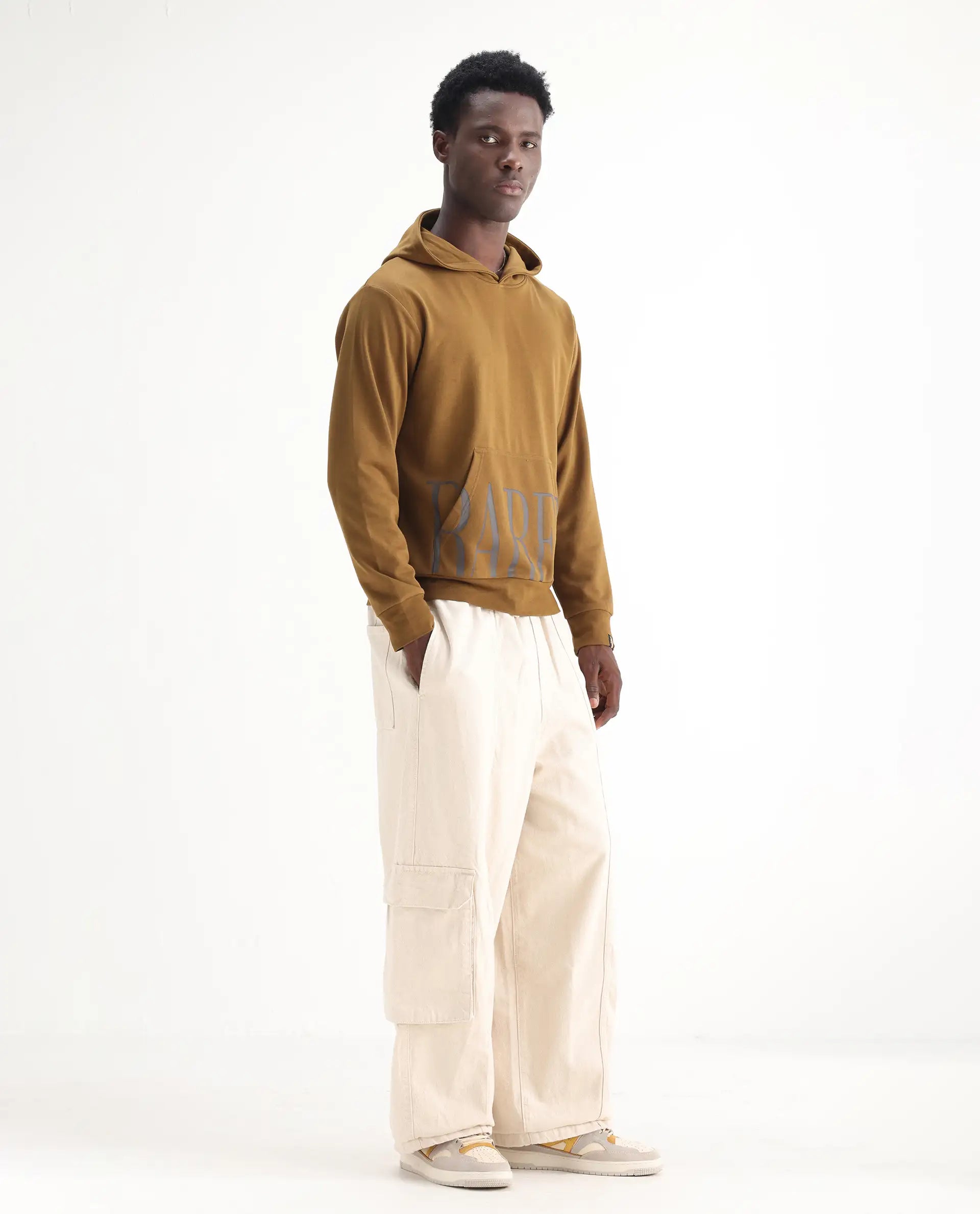 Rare Rabbit Men's Azort Beige Cotton Plain Baggy Fit Jeans