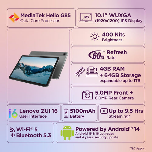 Lenovo Tab | 10.1" Display | Wi-Fi Only | 4 GB RAM + 64 GB ROM (Expandable up to 1 TB) | Metal Body | Dual Speakers with Dolby Atmos | Android 14 | Color: Luna Grey