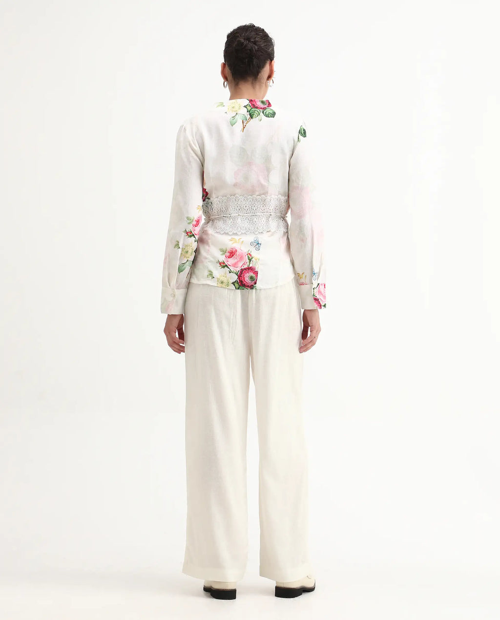 Rareism Women's Banche-B Off White Cotton Blend Floral Print Ankle Length Straight Fit Trouser
