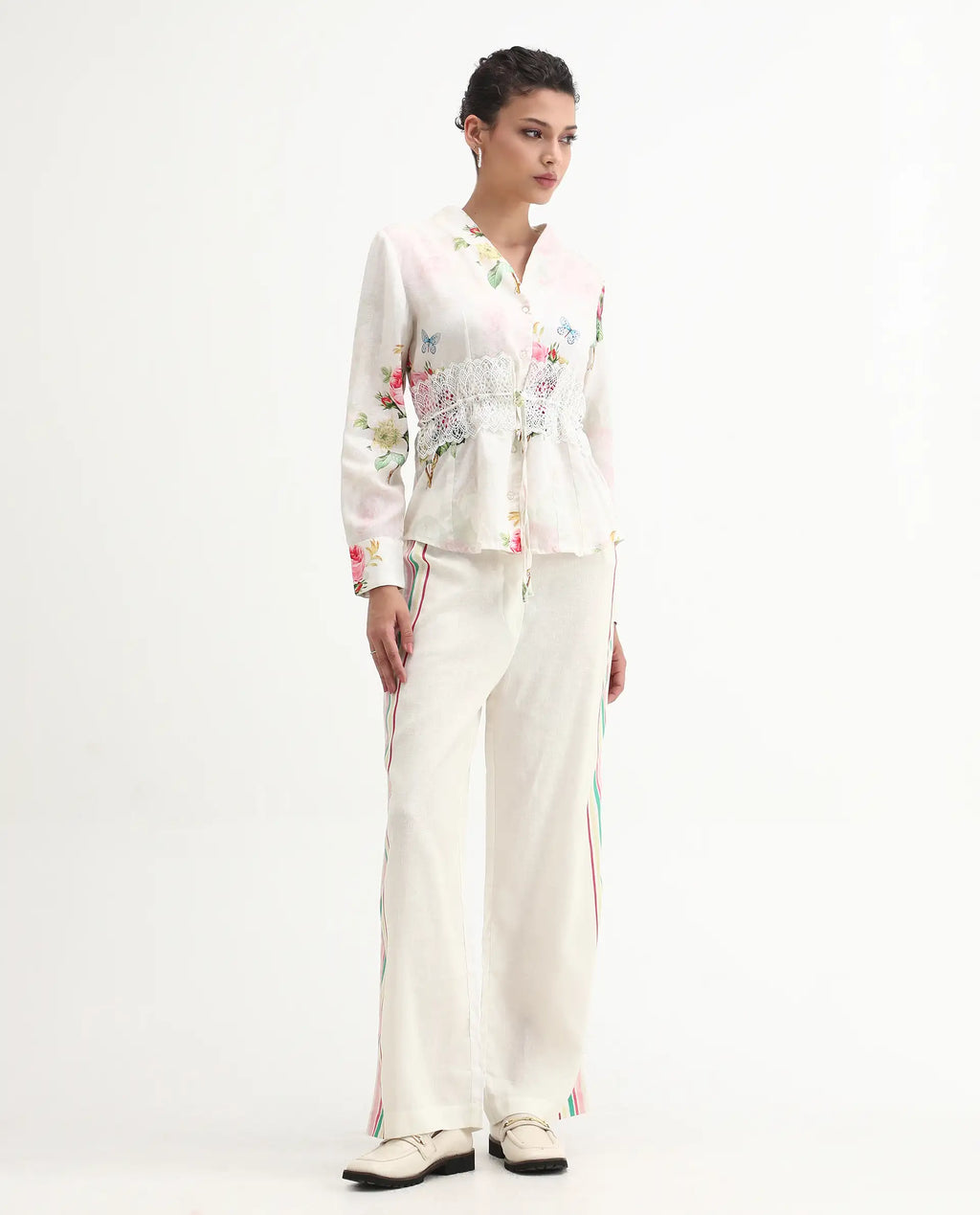 Rareism Women's Banche-B Off White Cotton Blend Floral Print Ankle Length Straight Fit Trouser