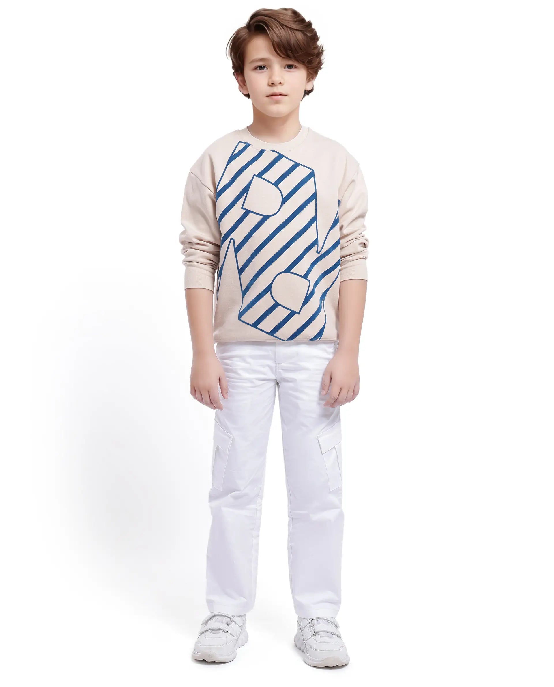 Rare Ones Kids Baros Beige Cotton Full Sleeve Crew Neck Flock Print Logo Sweatshirt