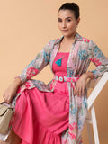 Women's Pink Floral Printed Fit & Flare Midi Dress with Shrug and Belt