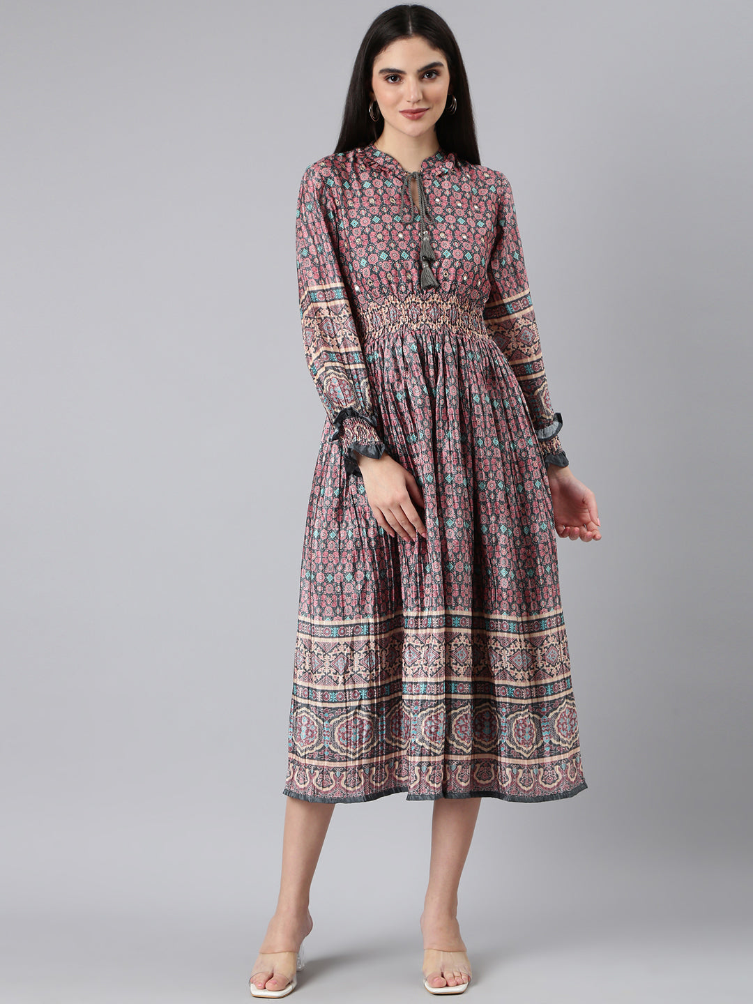 Women's Olive Ethnic Motifs Printed Cuff Sleeve Tie-Up Neck Smocked Fit and Flare Midi Dress