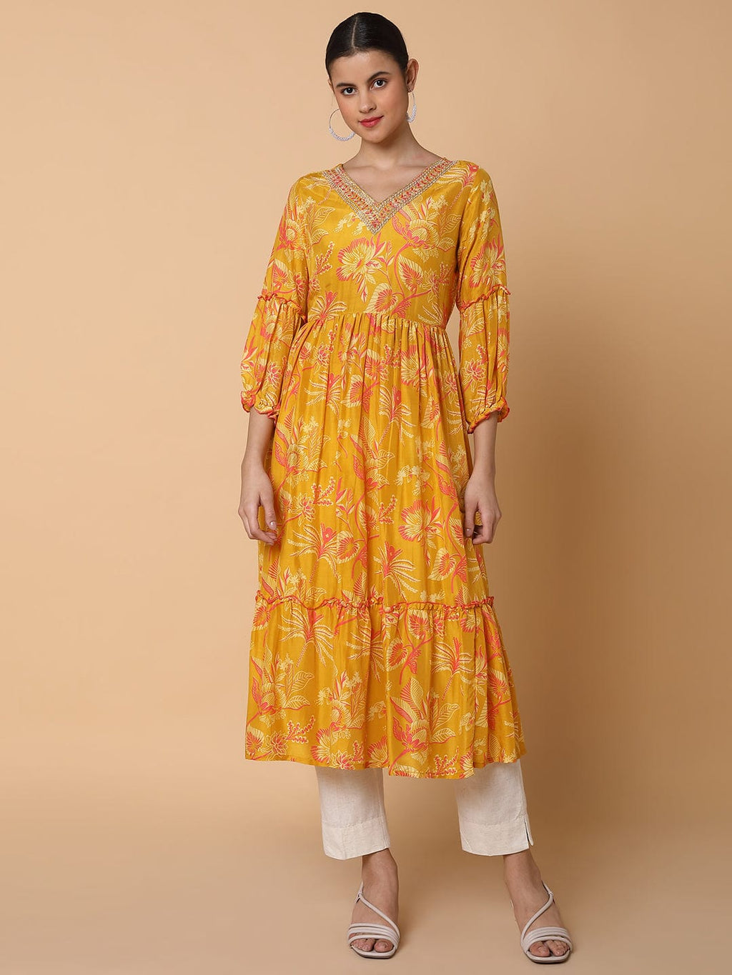 Women's Floral Mustard Anarkali Kurta