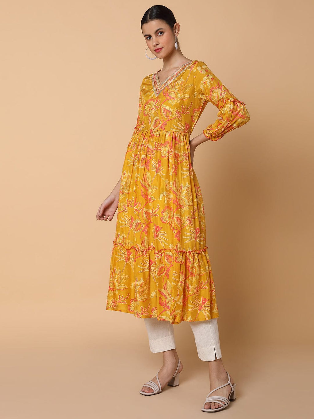 Women's Floral Mustard Anarkali Kurta