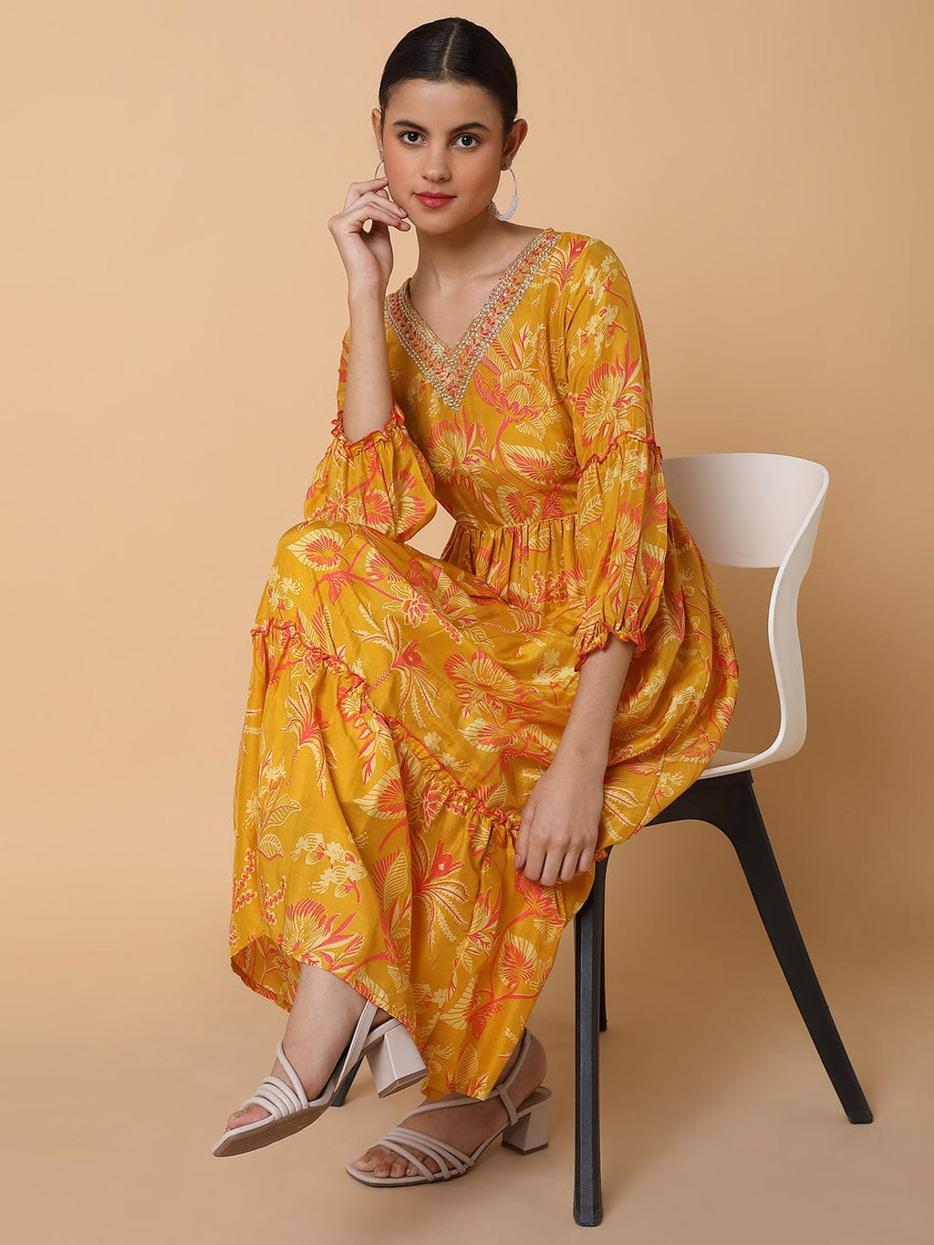 Women's Floral Mustard Anarkali Kurta