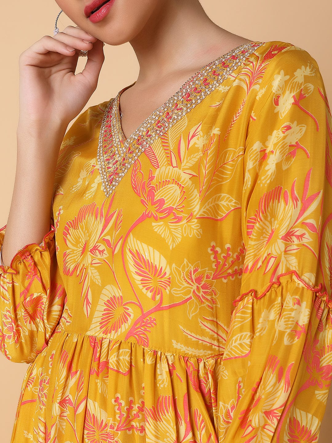 Women's Floral Mustard Anarkali Kurta