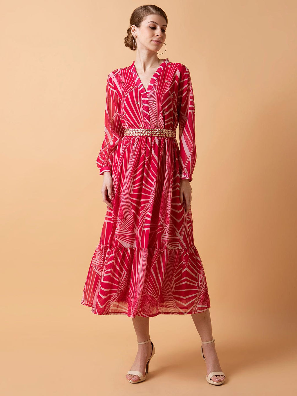 Women's Abstract Pink Midi Empire Dress with Belt