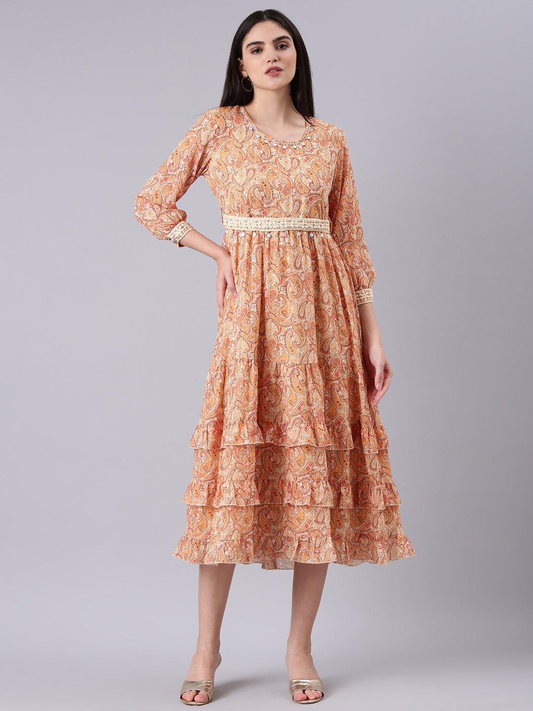 Women's Beige Ethnic Motifs Print Georgette Empire Midi Dress