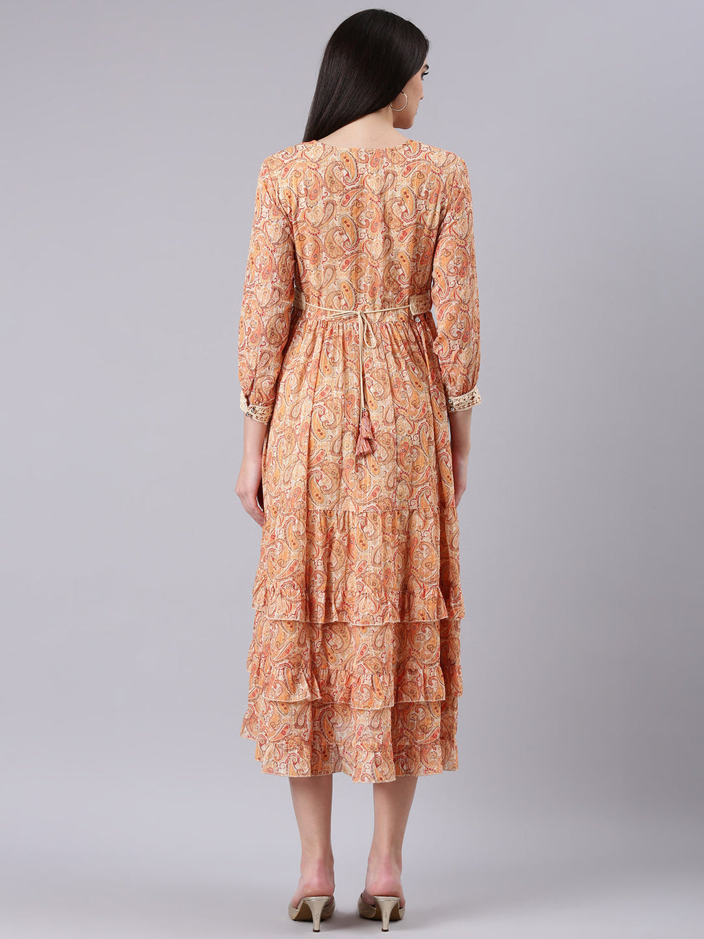 Women's Beige Ethnic Motifs Print Georgette Empire Midi Dress