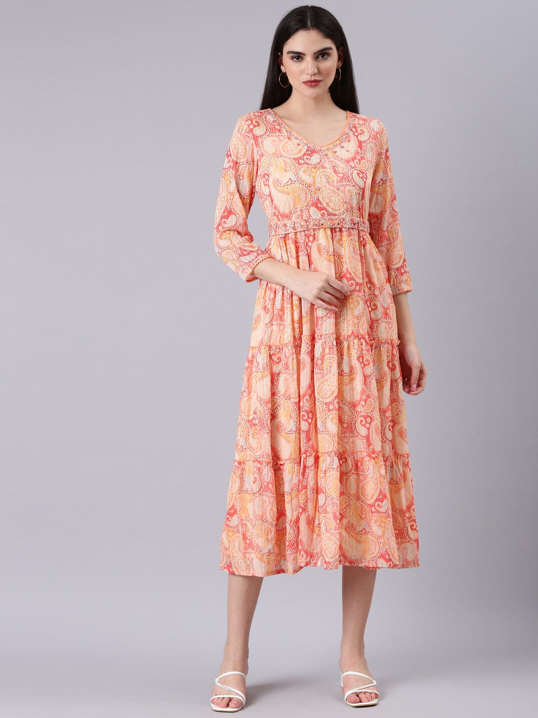 Women's V-Neck Embellished Peach Kurta