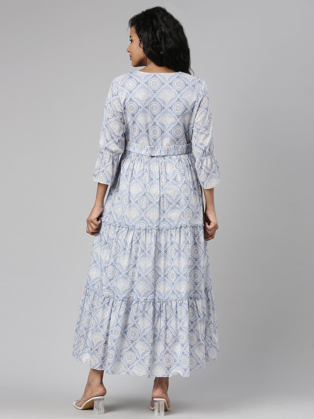 Women's Grey Ethnic Motifs Print Cotton Empire Kurta