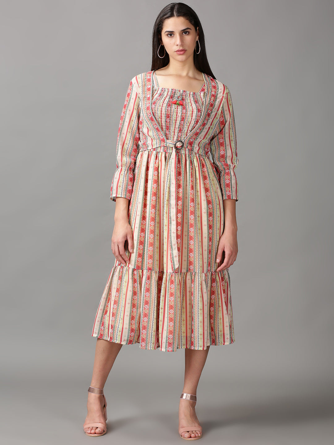 Women's Multi Geometric Layered Chiffon Fit & Flare Dress