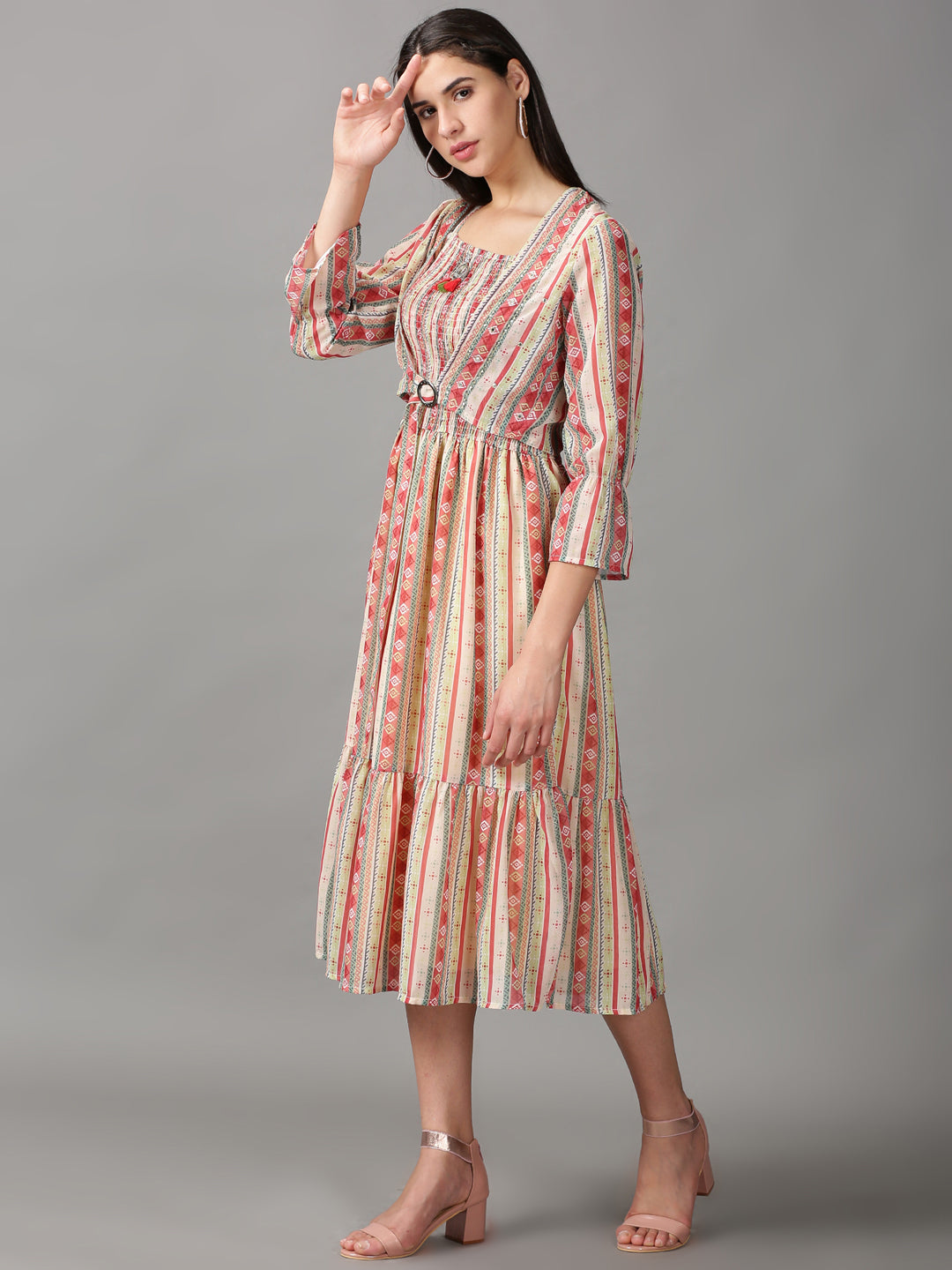 Women's Multi Geometric Layered Chiffon Fit & Flare Dress