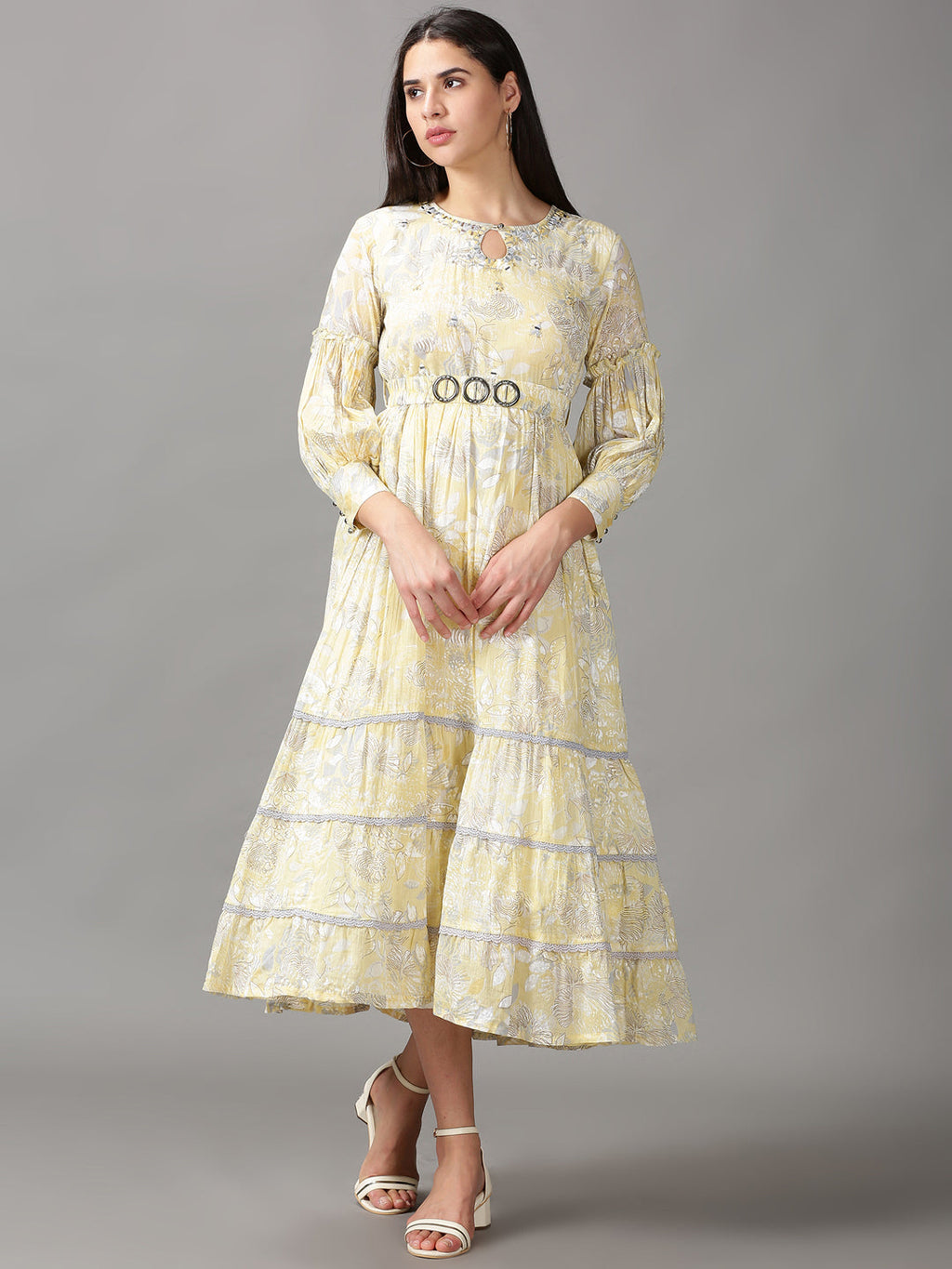 Women's Yellow Floral Keyhole Neck Cotton Fit & Flare Dress