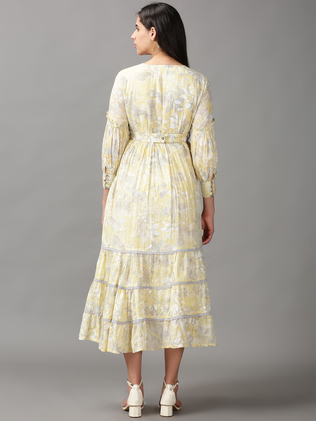 Women's Yellow Floral Keyhole Neck Cotton Fit & Flare Dress