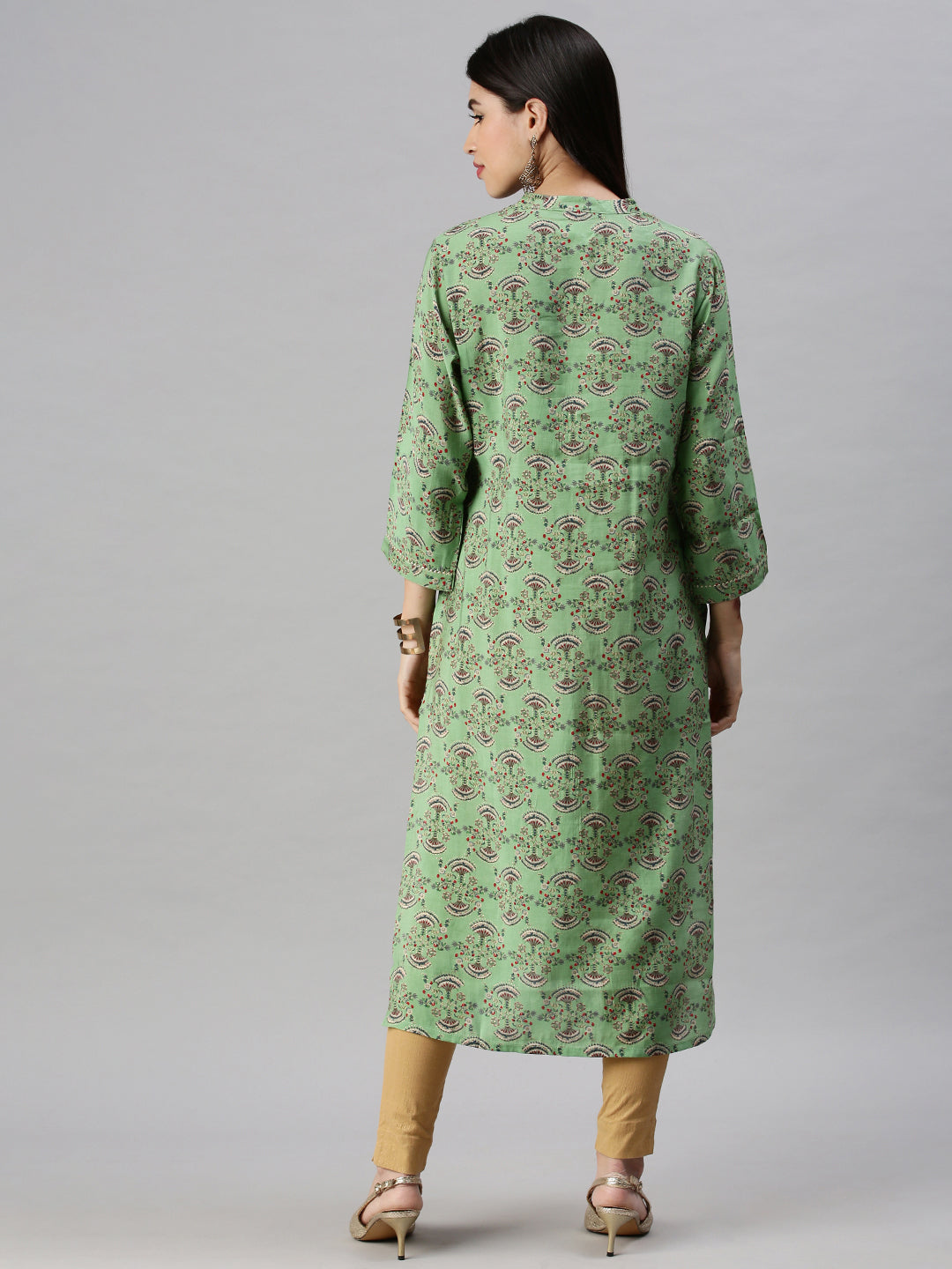 Women's Green Mandarin Collar Beads & Stones Straight Kurta