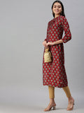 Women's Maroon Ethnic Motifs Cotton Printed Straight Kurta