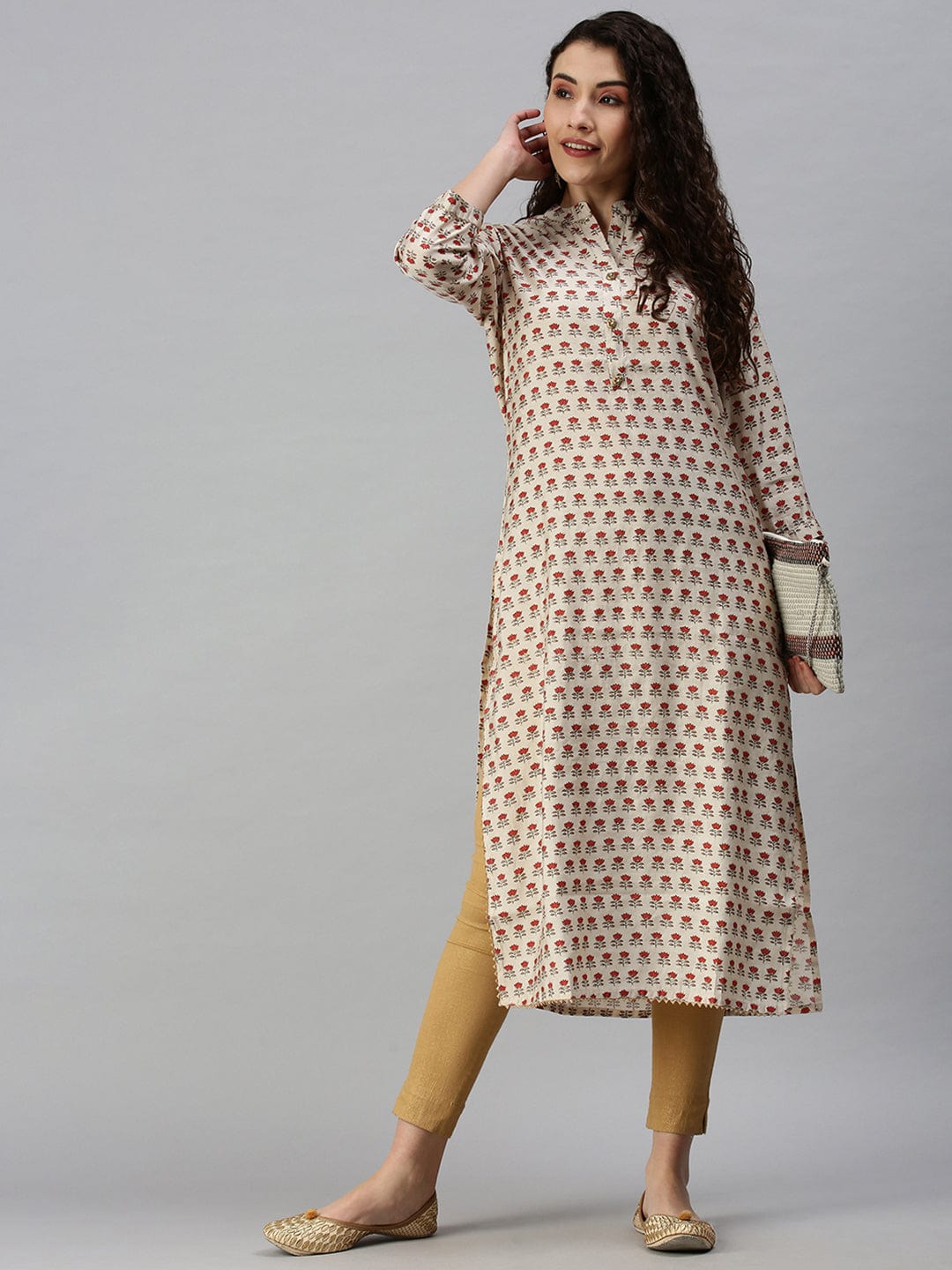 Women's Mandarin Collar Printed Cream Straight Kurta