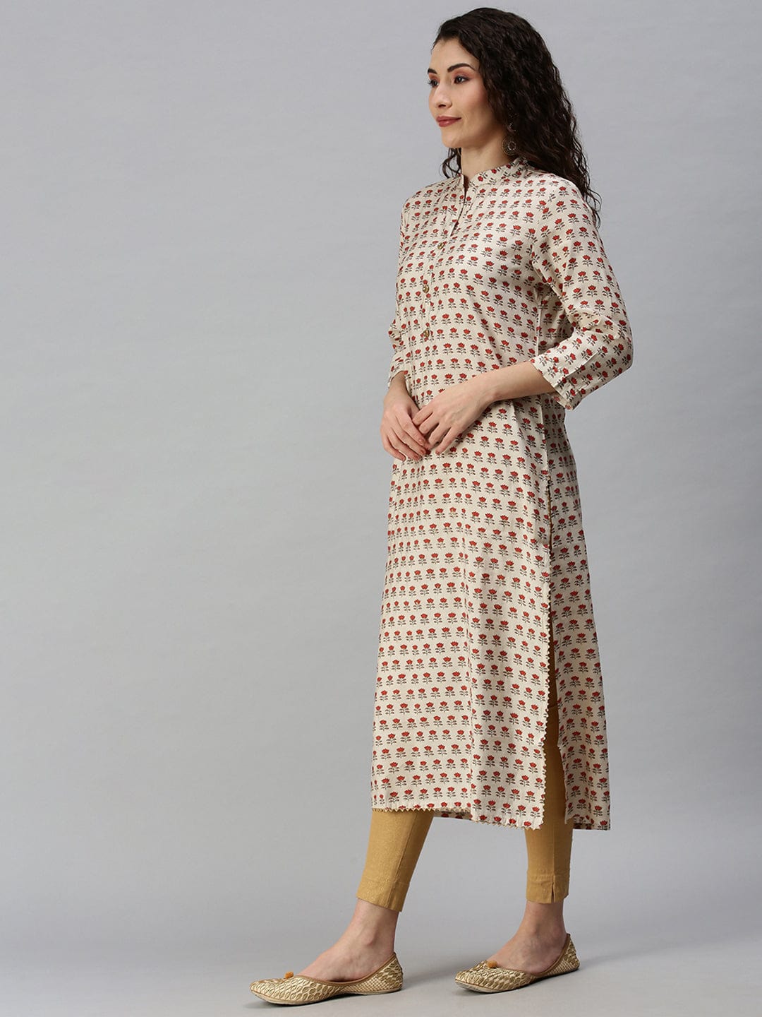 Women's Mandarin Collar Printed Cream Straight Kurta