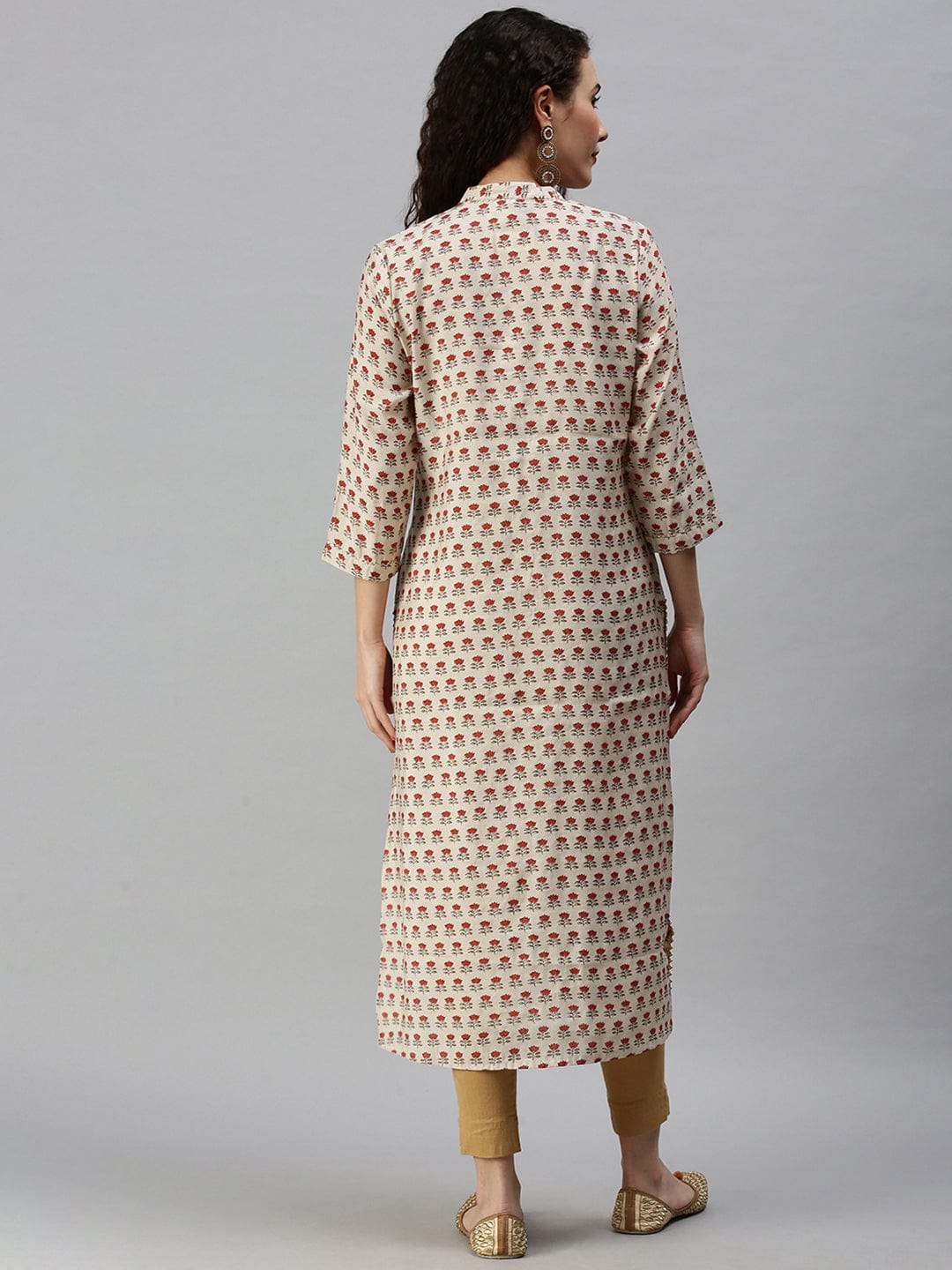 Women's Mandarin Collar Printed Cream Straight Kurta