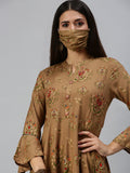 Women's Brown Foil Printed Bell Sleeves Thread Work Cotton Anarkali Kurta