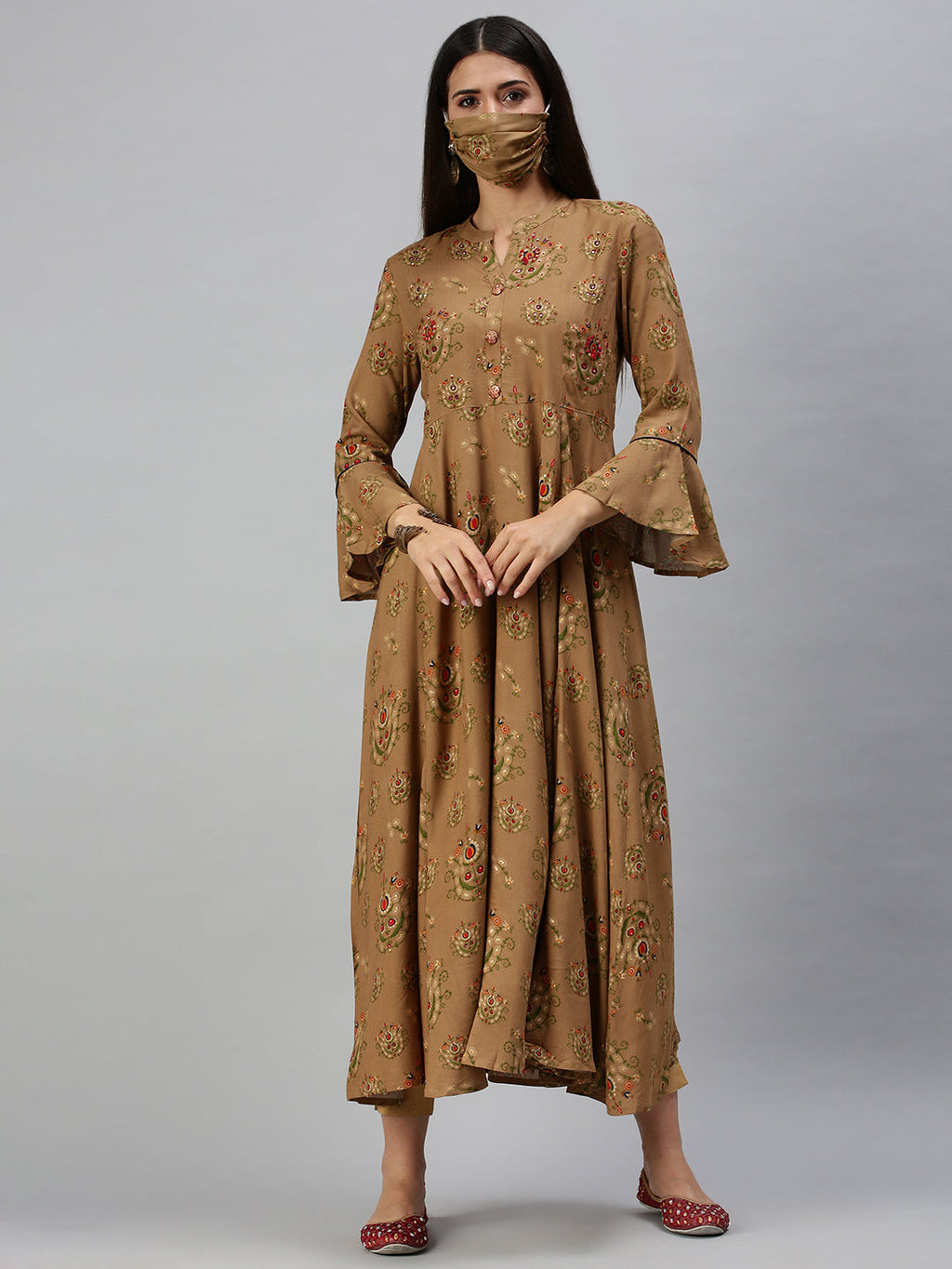 Women's Brown Foil Printed Bell Sleeves Thread Work Cotton Anarkali Kurta