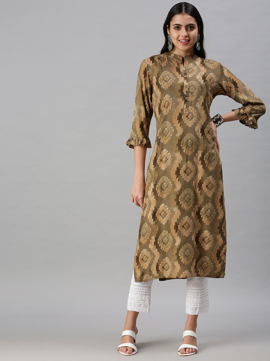 Women's Olive Geometric Printed Keyhole Neck Straight Kurta