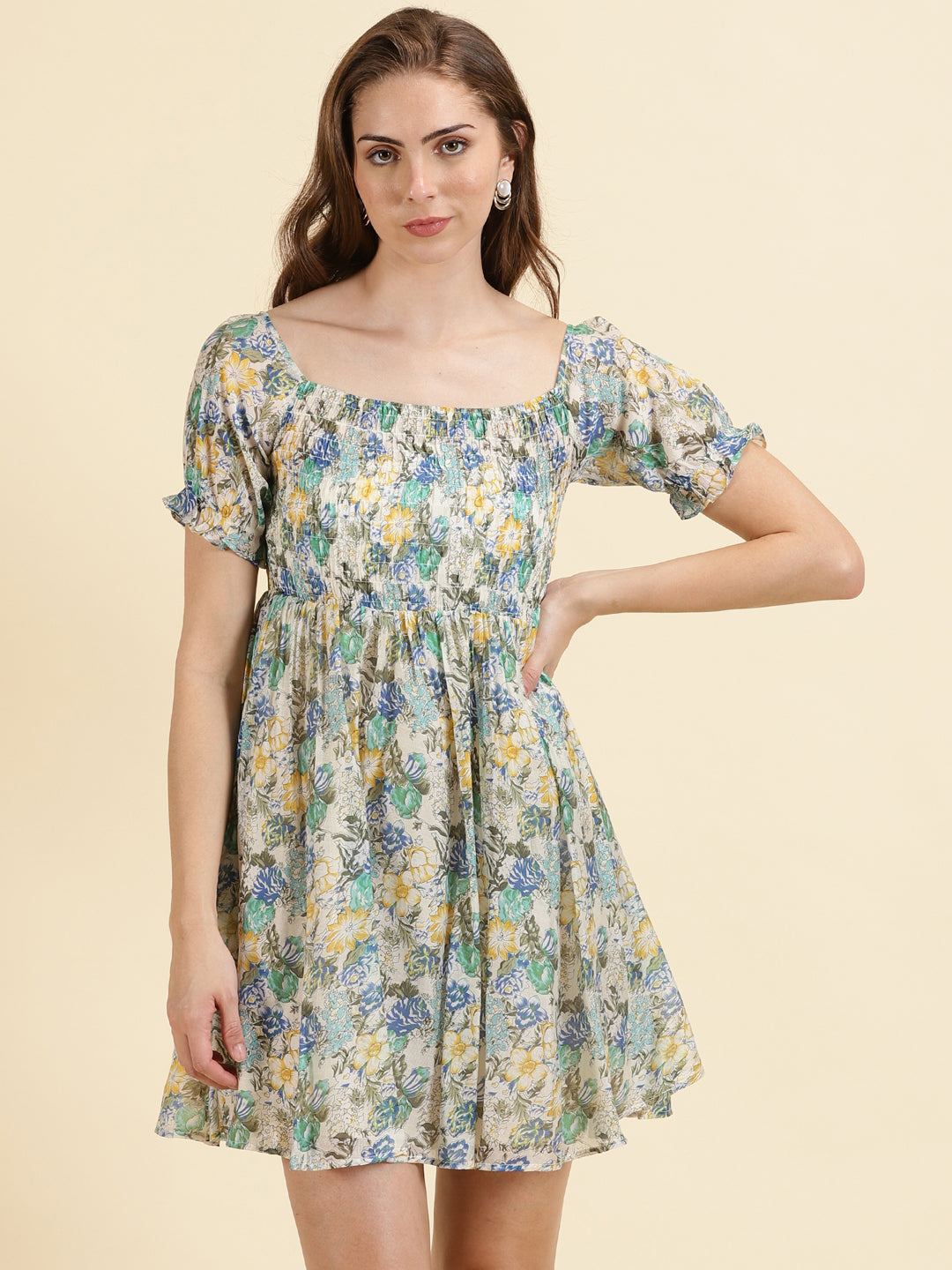 Women's Off White Floral Print Chiffon Empire Dress